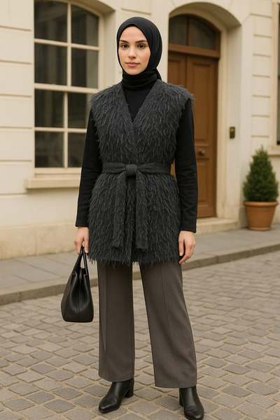 Misue Handmade Seasonal Loose Tassel Belted Vest, Modern Vest, Suitable for Muslim Clothing Vest