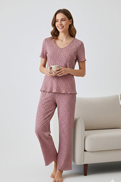 Elemge Kadın Bambu Pamuk Pijama Takımı Gül Kurusu Fitilli Regular Fit Alt & Üst İnce Kısa Kol Lastkli Esnek