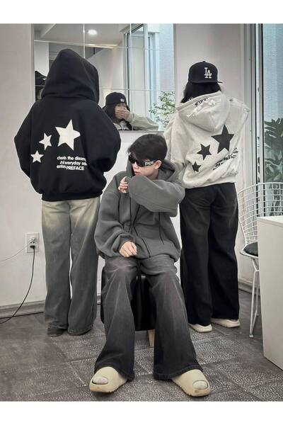 CLASSY.MODA Hanorac oversize unisex cu glugă, cu imprimeu cu stele mari în sp...