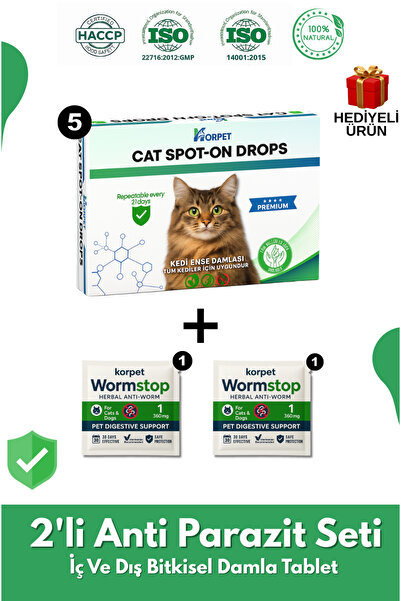 KorPet 2'li Set Kedi Iç Dış Anti Parazit Tüm Kediler Için Bitkisel 5 Damla Ve 2 Tablet Paketi