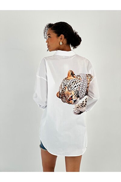 Miss Poem Women's Back Leopard Print White Shirt