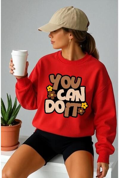 ArtYus Mânecă lungă unisex You Can Do It Transfer cu imprimeu guler rotund lı Swea tricou