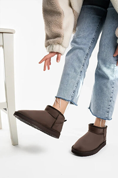 Morlex Kadın Acı Kahve Süet Muadil Bot Ultra Mini Süet Bot İçi Kürklü Kışlık Taban Kısa Topuklu Bot