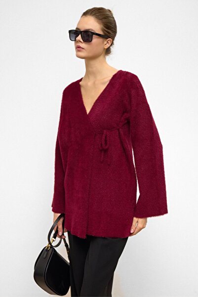 Olcay Lace-Up Closure Soft Knitwear Cardigan Bordo 8269