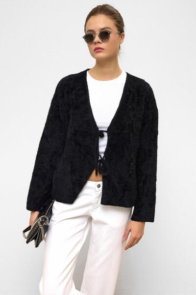 Olcay Front-Tied Soft Knit Cardigan Black 8267
