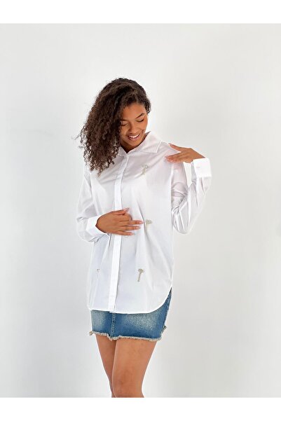 Miss Poem Γυναικείο λευκό πουκάμισο με λεπτομέρεια από διαμάντια