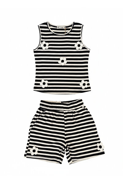 Selvira Girl's Cotton Striped Shorts Set – Floral Applique – 6/9 Age Range