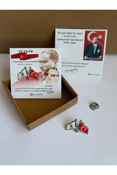 cacatasarım Atatürk ve Türk Bayraklı Yaka Rozeti Gümüş Renk 1 Adet 29 Ekim Cu...