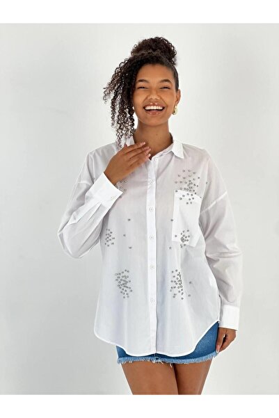 Miss Poem Women's Stone Detailed Off-Shoulder White Shirt