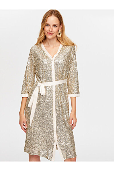 Faik Sönmez Payet İşli V Yaka 3/4 Kol Abiye Gömlek Elbise W26ABY009