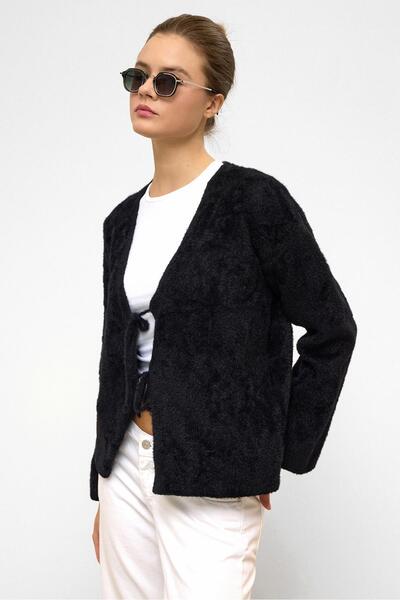 Olcay Front-Tied Soft Knit Cardigan Black 8267