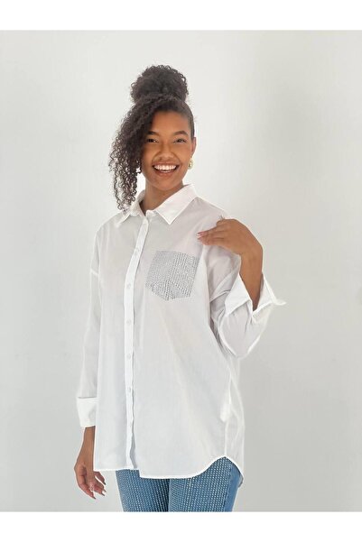 Miss Poem Women's Single Pocket Stone Embroidered White Shirt