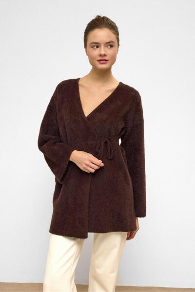 Olcay Lace-Up Closure Soft Knitwear Cardigan Brown 8269