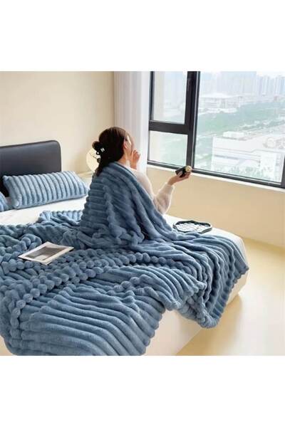 OEM Pătură Cocolino pentru pat dublu, model cu dungi, 2 persoane, 200x230cm, albastră