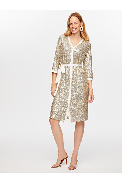 Faik Sönmez Payet İşli V Yaka 3/4 Kol Abiye Gömlek Elbise W26ABY009