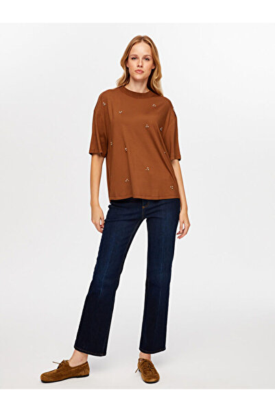 Faik Sönmez Round Neck Short Sleeve T-Shirt with Stone Embellishments on the Front W26Tsh066