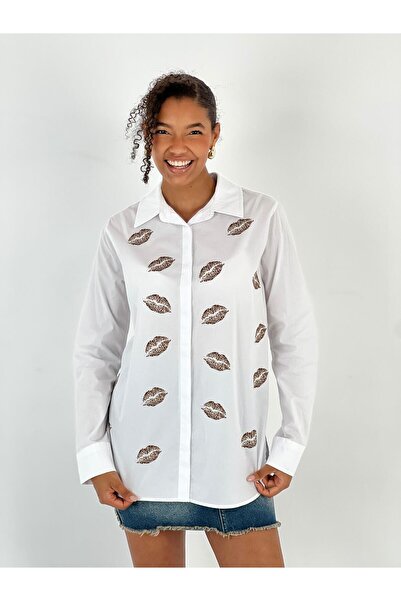 Miss Poem Women's Lip Leopard Printed White Shirt