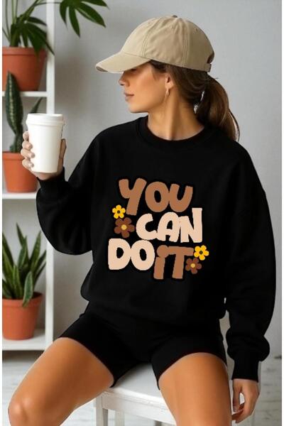 ArtYus Mânecă lungă unisex You Can Do It Transfer cu imprimeu guler rotund lı Swea tricou