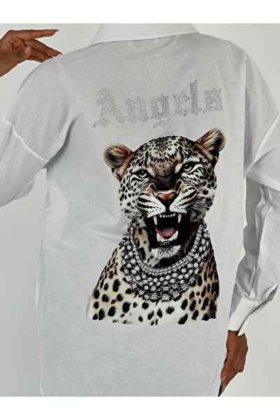 Miss Poem Women's Back Stone Leopard Printed White Shirt