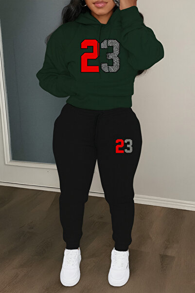 CLASSY.MODA طقم رياضي نسائي رقم 23 مطبوع يتكون من سترة بغطاء للرأس وبنطلون جوجر