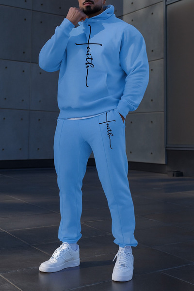 CLASSY.MODA Faith Yazı Baskılı 3 İplik Kanguru Cepli Kapüşonlu Sweatshirt ve Eşofman Altı Takım Unisex