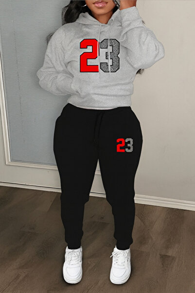 CLASSY.MODA طقم رياضي نسائي رقم 23 مطبوع يتكون من سترة بغطاء للرأس وبنطلون جوجر