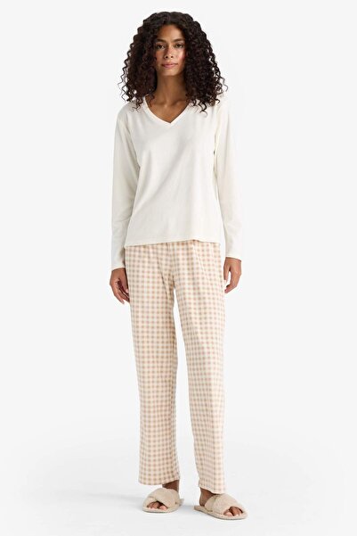 DeFacto Pijama Takımı Regular Fit Uzun Kollu Velur Üst Kareli Uzun Alt-Fall in Love E7278AX25AU