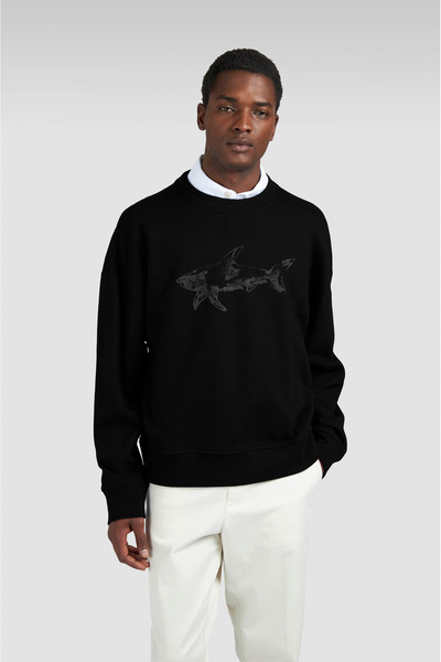 PAUL&SHARK Erkek Rahat Kalıp Büyük Shark Logolu Pamuklu Uzun Kollu Siyah Sweatshirt 15311848-011