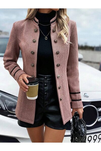 buğrahayalin Women's Long Sleeve Judge Collar Button Detailed Mini Woven Jacket