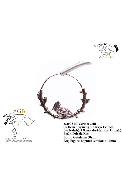 agbtasarım Bird on a Branch Figure Ring Piercing, Earring [Single] (100% Surgical Steel)