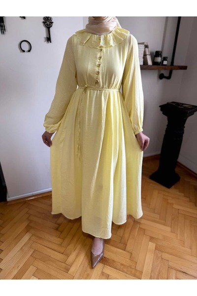 Navra Lace Detailed Muslin Dress 1003 Yellow |   Fendel