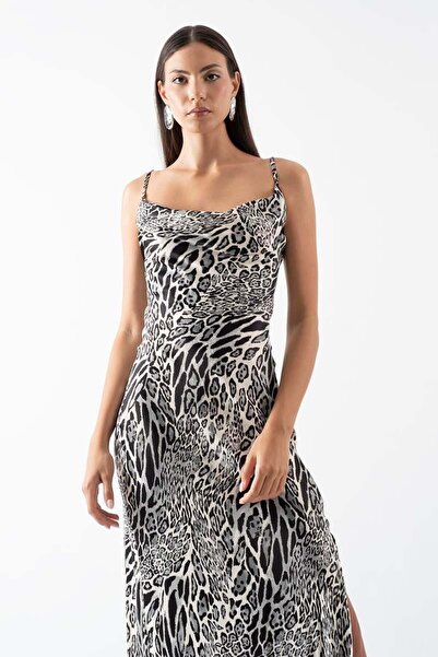 Spazio İvanio İnce Askılı Degaje Yaka Balık Yırtmaçlı Uzun Abiye Elbise GRİ