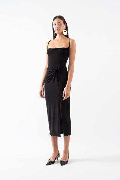 Spazio Perabo Degaje Yaka Bel Düğümlü Yırtmaçlı Uzun Abiye Elbise SİYAH