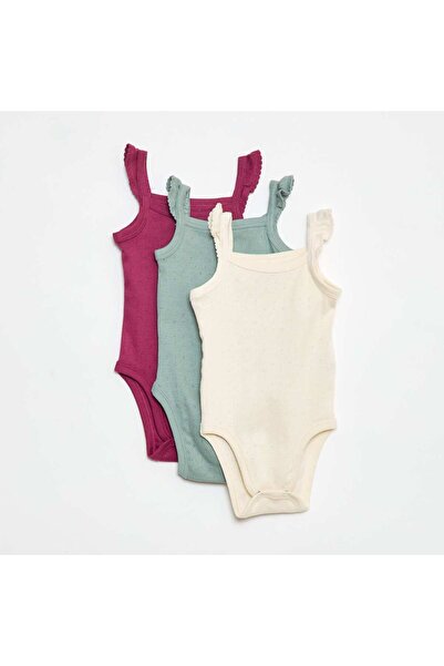 KIABI مجموعة من 3 بدلات جسم محبوكة بنقاط مع أشرطة مكشكشة باللون الأرجواني