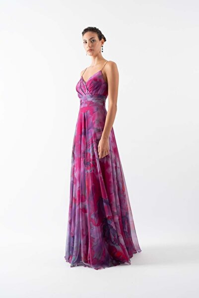 Spazio Demetrioı İnce Askılı Kruvaze Bel Drapeli Kloş Uzun Abiye Elbise FUŞYA