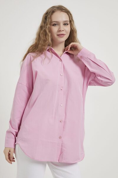 Arma Life Women's Basic Long Sleeve Buttoned Pink Oversize Shirt