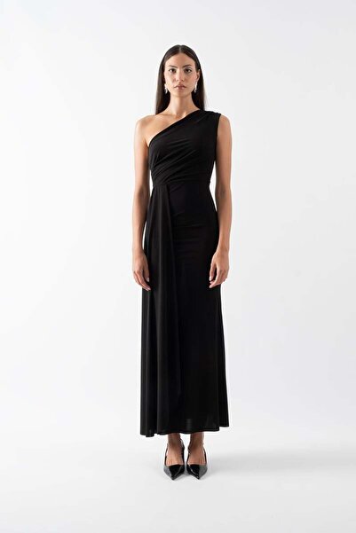 Spazio Fawcett Tek Omuz Bele Oturan Yandan Şal Detaylı Uzun Abiye Elbise SİYAH