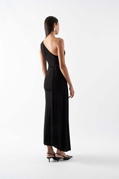 Spazio Fawcett Tek Omuz Bele Oturan Yandan Şal Detaylı Uzun Abiye Elbise SİYAH