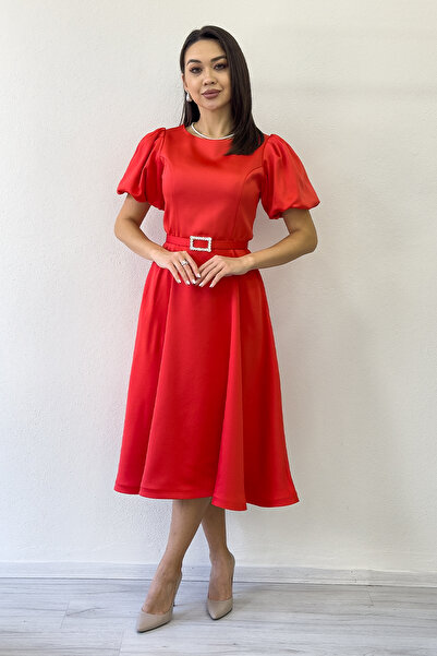 the ZKS Kadın Balon Kol Taş Kemerli Midi Boy Saten Abiye Elbise İndigo, Siyah, Beyaz,Kırmızı,Saks,Lacivert