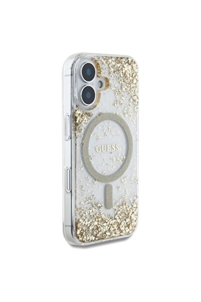 Guess Θήκη για iPhone 16, Σκληρή θήκη ρητίνης με γκλίτερ στο κάτω μέρος MagSafe, - Χρυσή