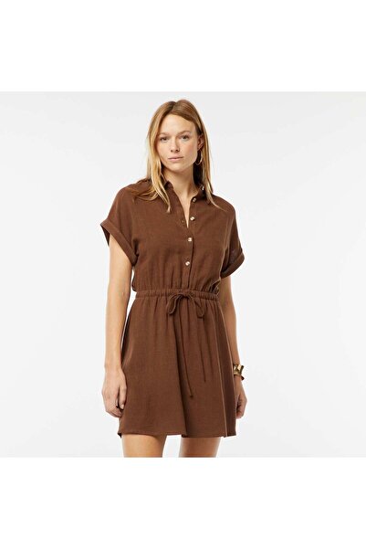 KIABI Short-sleeved linen-blend shirt dress BROWN