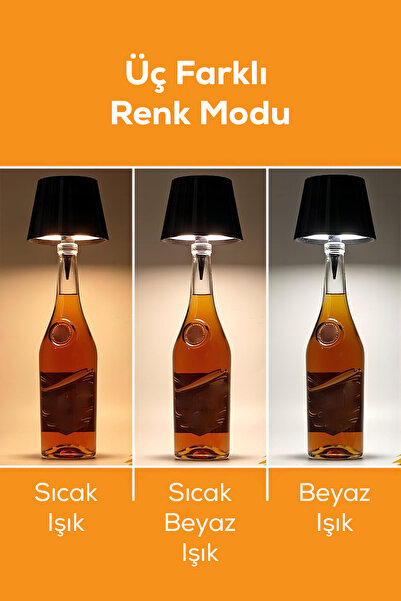 indirimsevinci Şarjlı Kablosuz LED Şişe Başlıklı Lamba - 3 Renk Modlu Dokunmatik Dekoratif Masa ve Gece Lambası