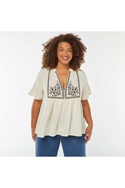 KIABI Cotton gauze blouse with embroidered neckline WHITE