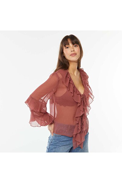 KIABI Long-sleeved ruffled blouse RED