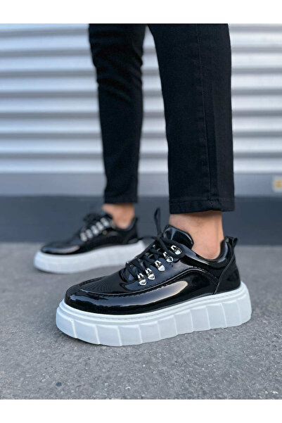 Zapatos JY010 حذاء رياضي كاجوال للرجال من الجلد اللامع برباط سحابي RBT - أسود