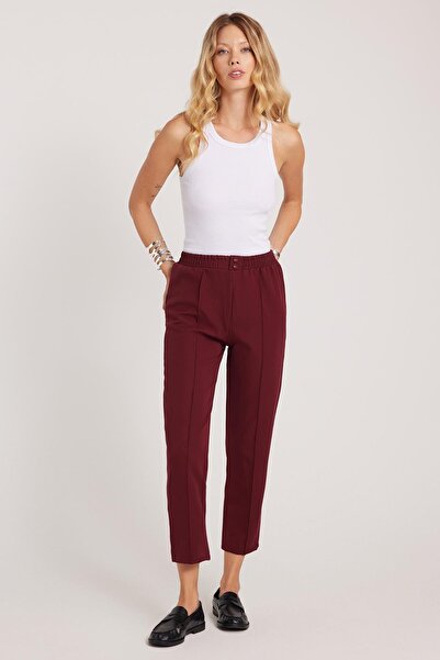 Tudors Kadın Relax Fit Rahat Kesim Yüksel Bel Düz Paça Beli Lastikli Bordo Pantolon