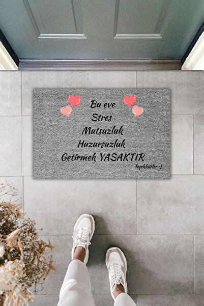 Dormot Dekoratif Dijital Paspas Bu Eve Stres Getirmek Yasaktır Gri Kapı Önü P...