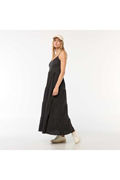 KIABI فستان طويل من قماش الوافل باللون الأسود