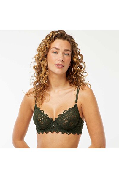 KIABI Lace demi-cup bra with decorative jewel KHAKI