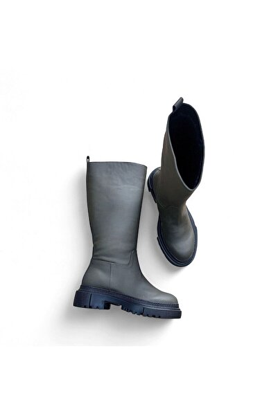 NE&VE SHOES Haki Mat Deri Diz Altı Kadın Günlük Çizme